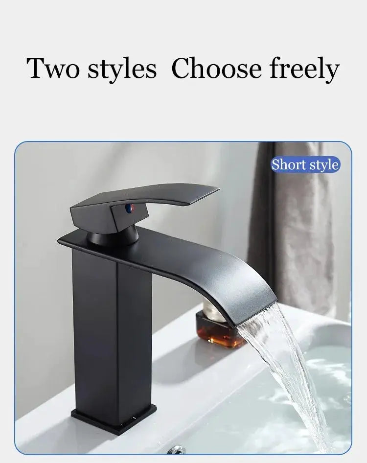 Waterfall wash basin faucet in black matte stainless steel with tall rectangular body and curved spout.