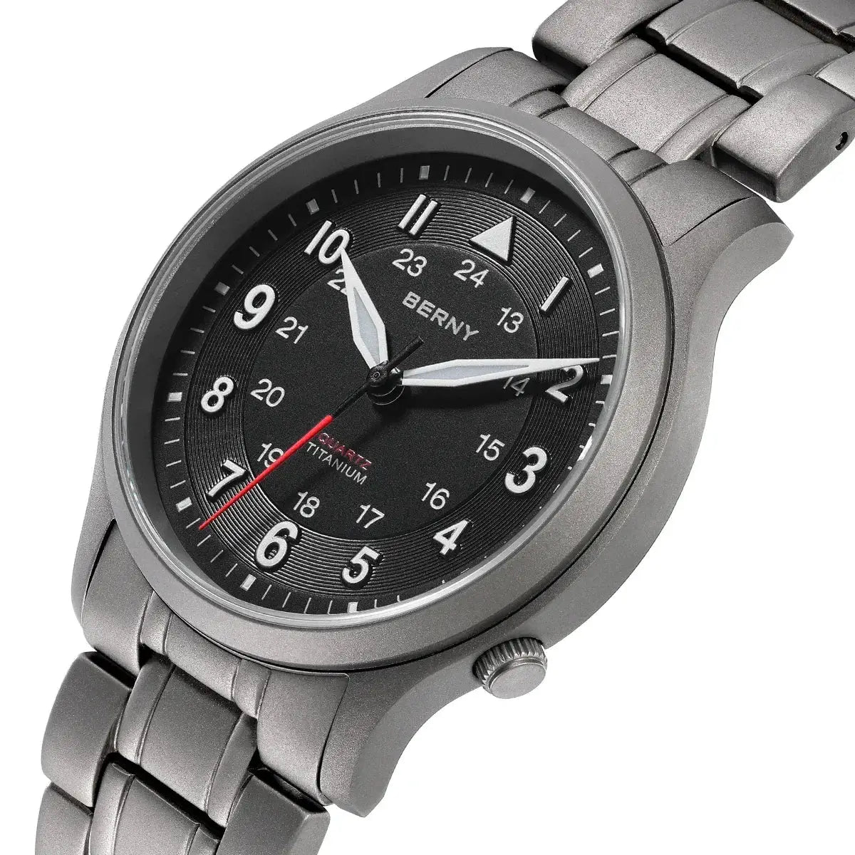 BERNY full titanium men's field quartz watch with titanium bracelet and black dial