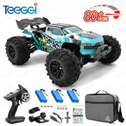 SG116 MAX 1:16 RC off-road monster car by Simples Market; blue body, 4WD, includes remote, 3 blue batteries and Teeggi logo