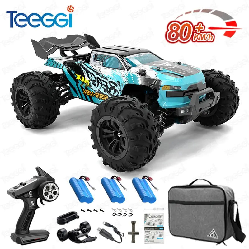 SG116 MAX 1:16 RC off-road monster car by Simples Market; blue body, 4WD, includes remote, 3 blue batteries and Teeggi logo