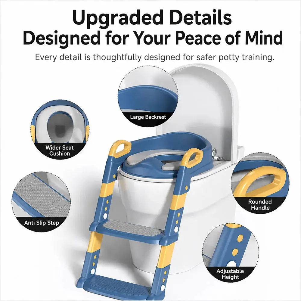 Children's toilet training foldable step stool in blue and yellow with wide seat cushion and anti-slip steps