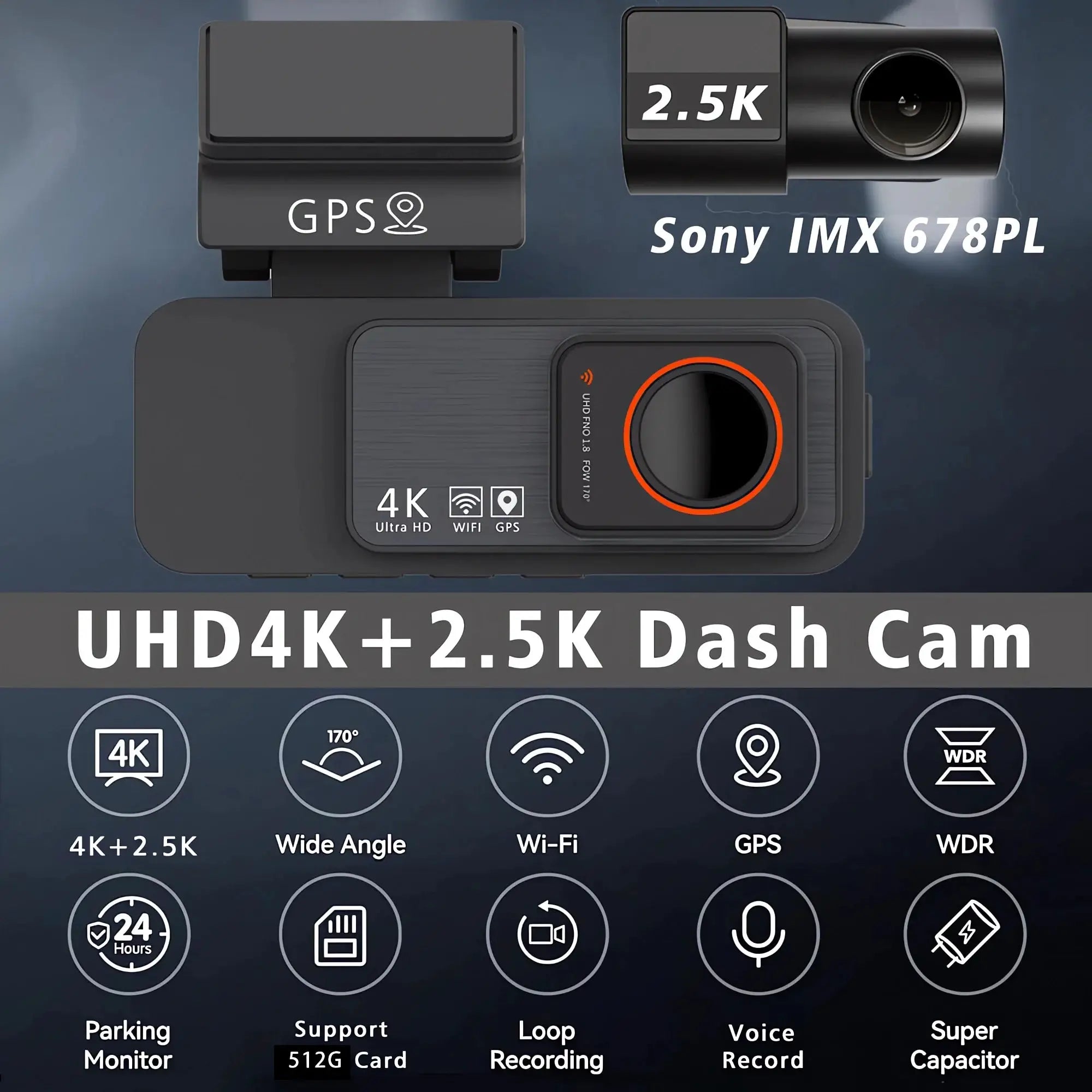 Dash Cam Dual Lens 4K UHD Car Camera with GPS, Wi-Fi and Night Vision in black