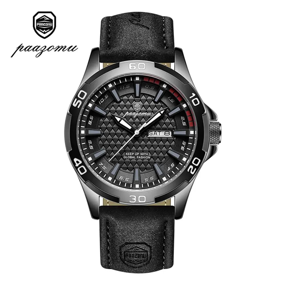 PAAZOMU men's luxury quartz watch with stainless steel case and black leather strap.