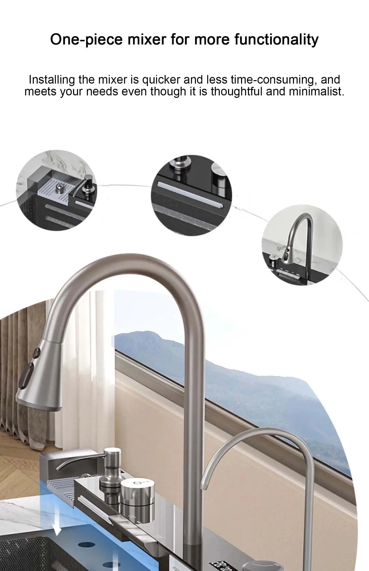 Stainless steel kitchen faucet with integrated soap dispenser and cup washer, Simples Market