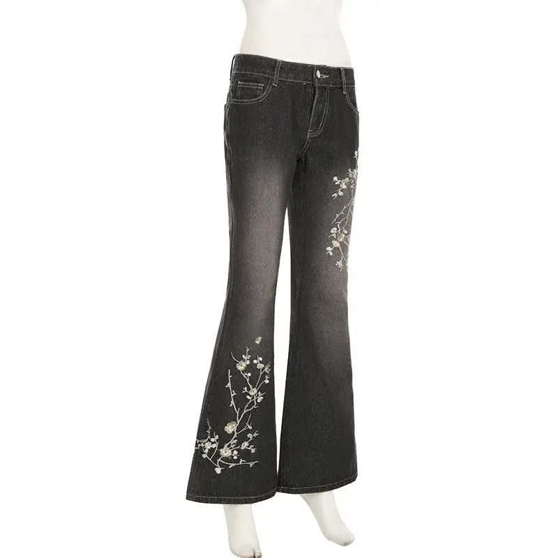 Weekeep Floral Embroidery Jeans Y2K Vintage Low Rise Flared Denim