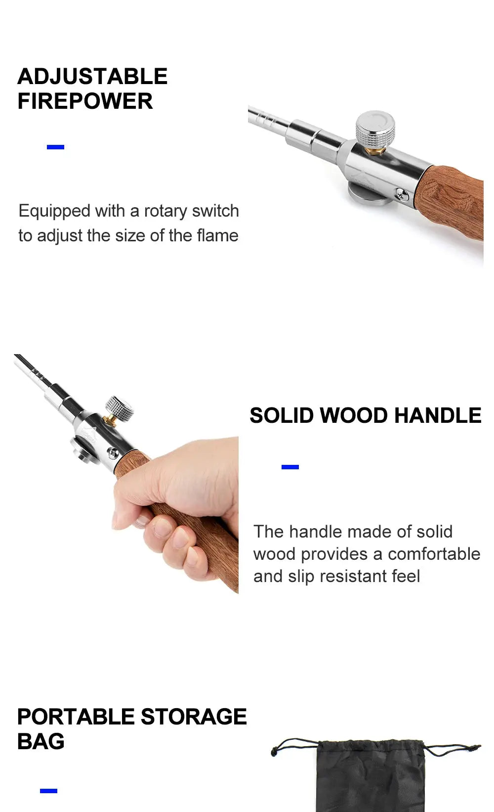 Widesea long-handle flamethrower by Simples Market; detachable stainless steel body, wooden handle torch