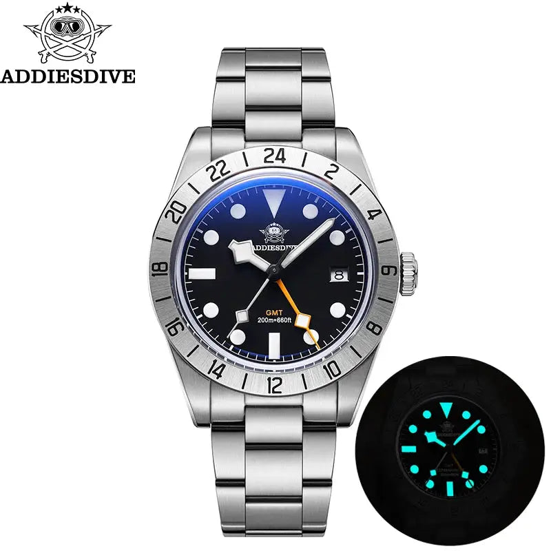 Addiesdive stainless steel GMT watch with black dial, 39mm case, 20 Bar water resistance, luminous markers