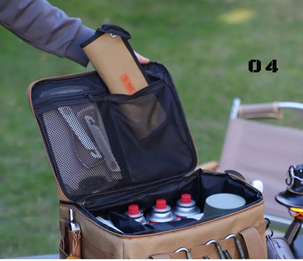 Tan insulated waterproof tactical camping bag with mesh utensil pockets and large 30L/42L/56L capacity.