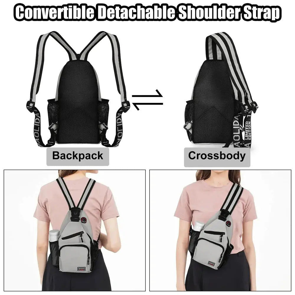 Simples Market women's chest bag; grey Oxford backpack/crossbody with earphone hole and adjustable straps, two styles.