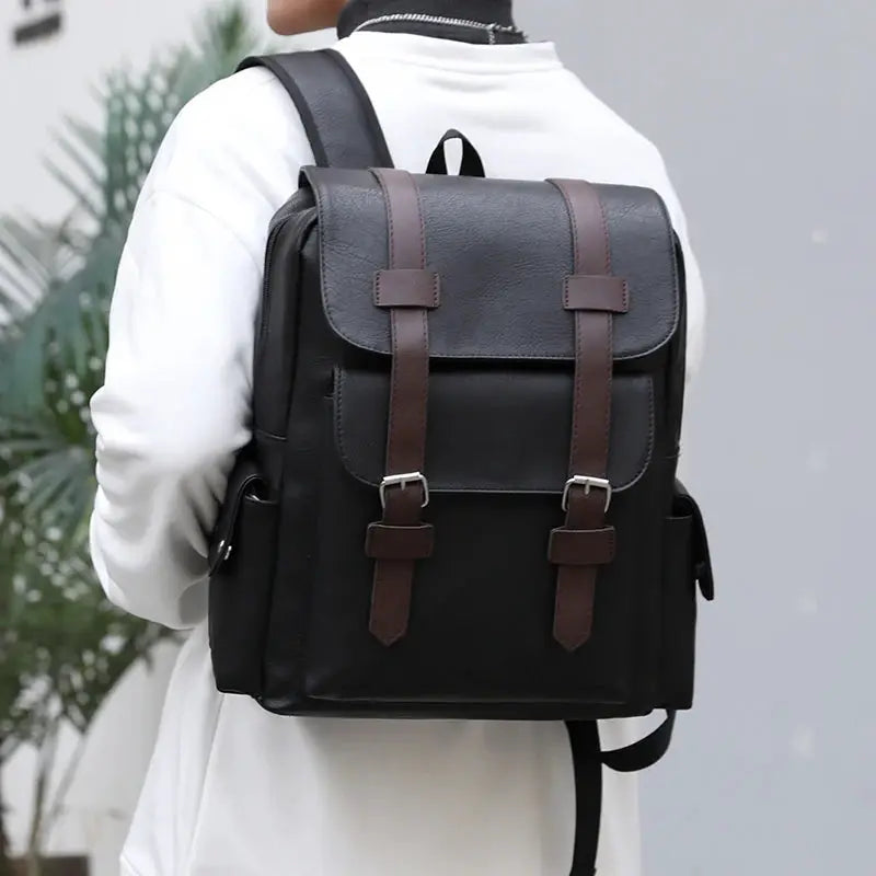 Backpack black PU leather with brown buckle straps, large laptop backpack