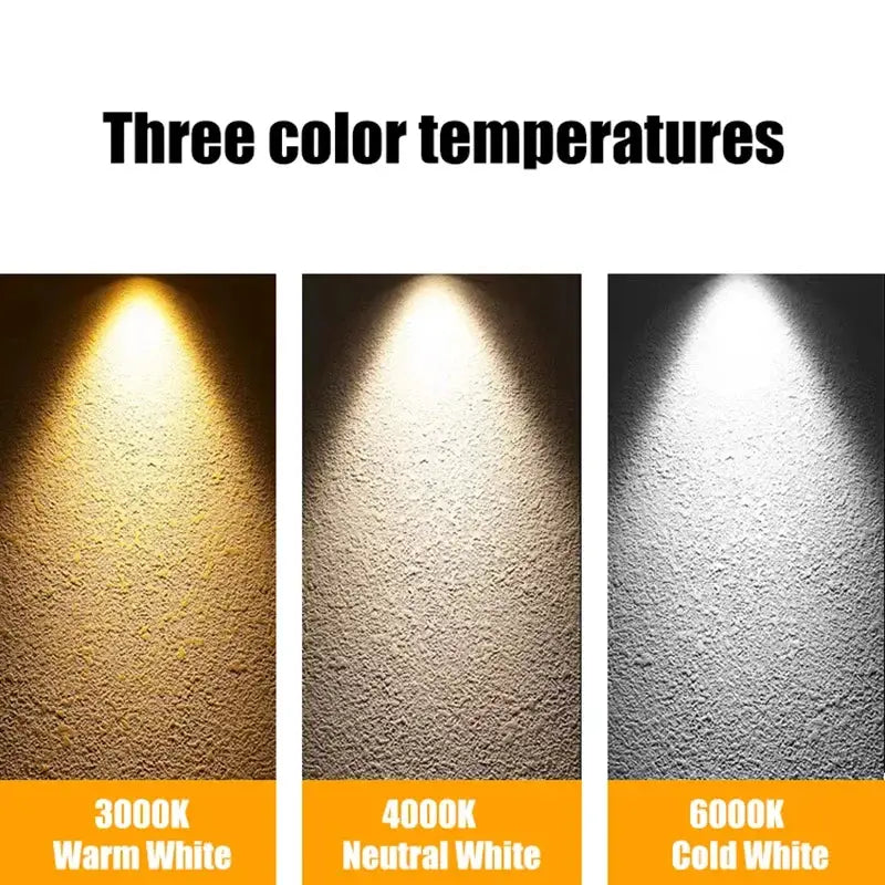3W mini spotlight; three color temperatures shown: 3000K warm white, 4000K neutral white, 6000K cold white