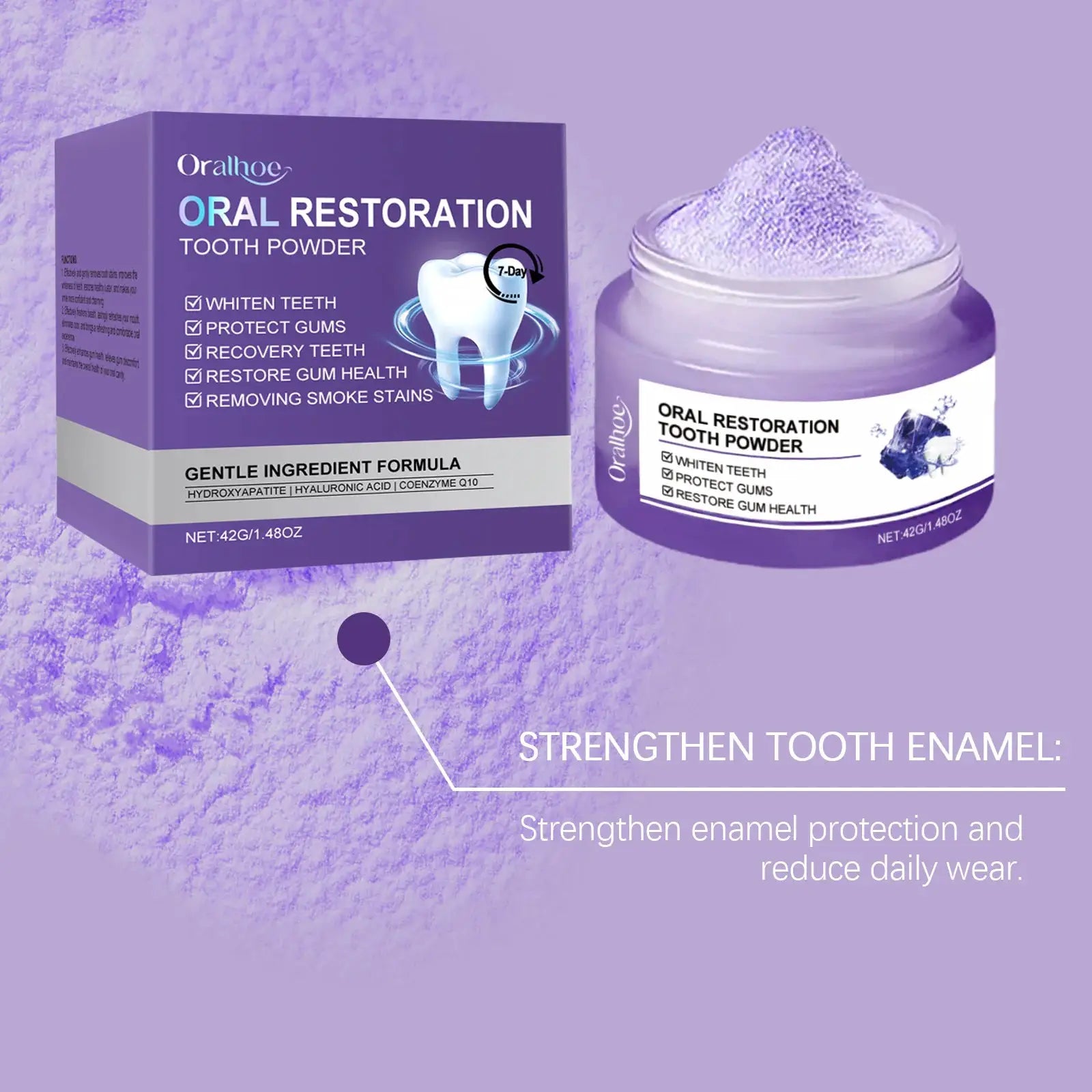 Oral Restoration Tooth Powder box and jar with purple powder; brand Oralhoe