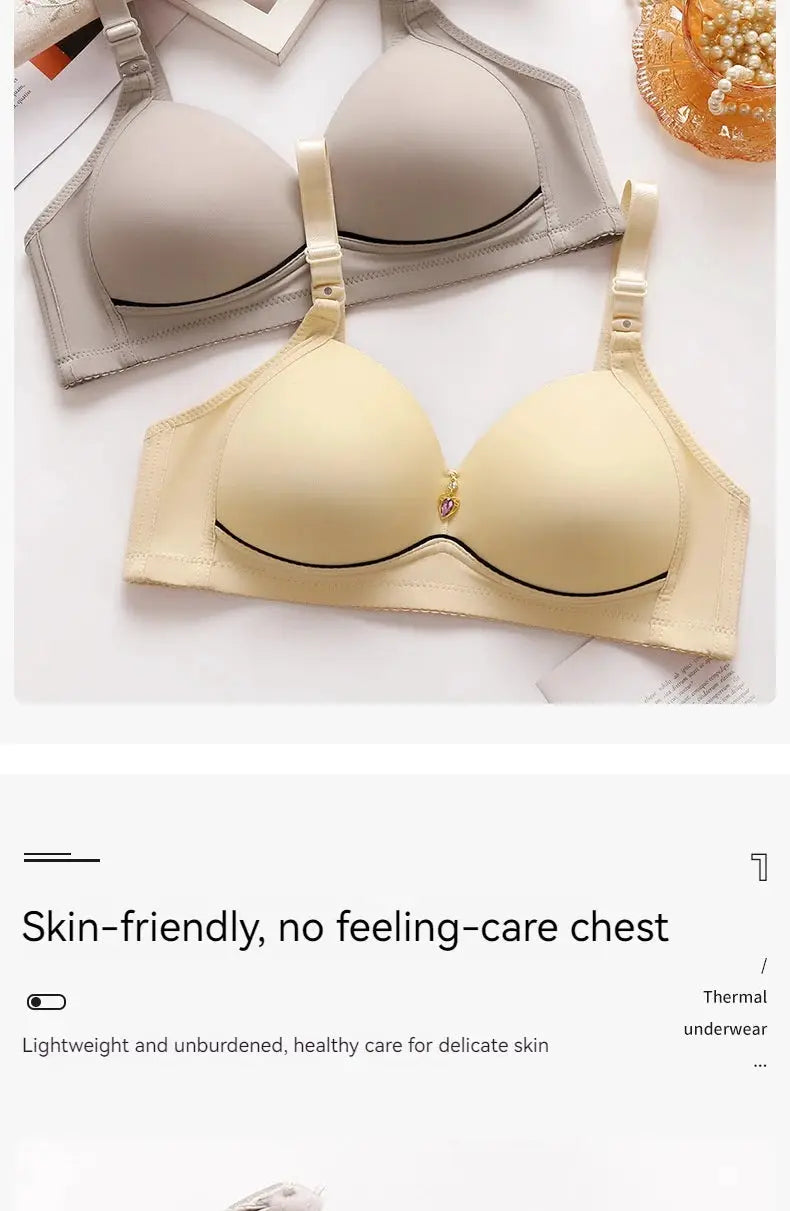 Beige glossy molded-cup bra with center jewel and adjustable straps; gray version beside it (2 bras)