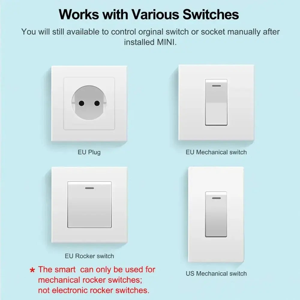 Mini 16A WiFi switch module for Smart Life app; shows 4 white switch styles (EU plug, EU mechanical, EU rocker, US mechanical) on blue background