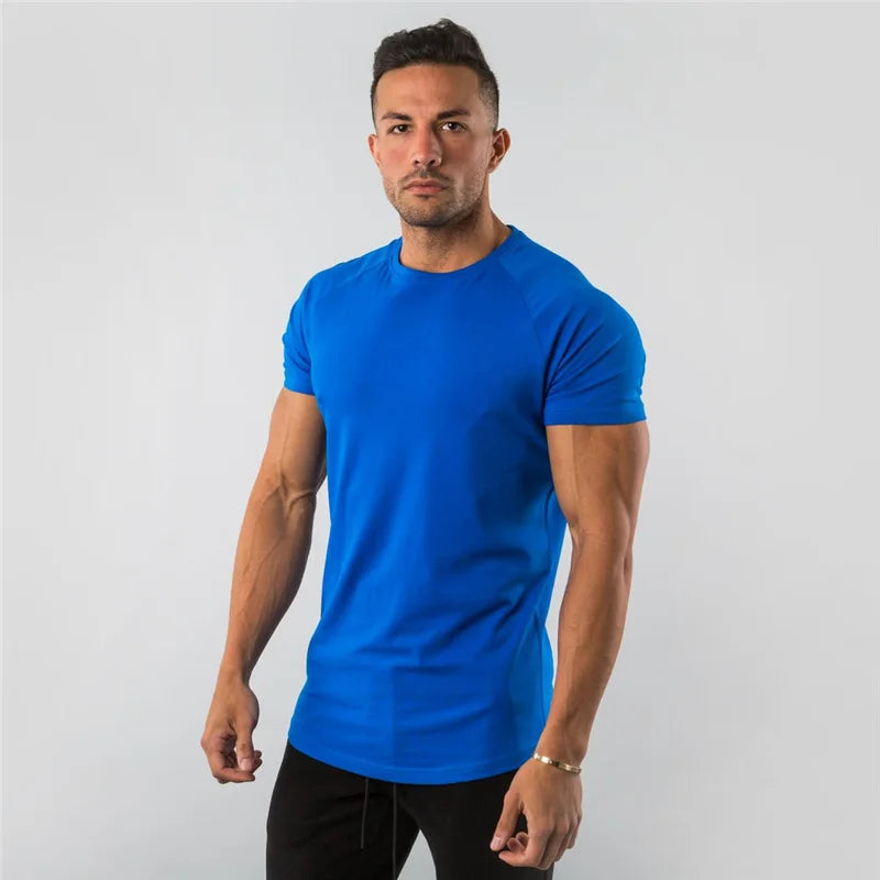 Men's blue cotton fitness T-shirt, short sleeve, slim fit