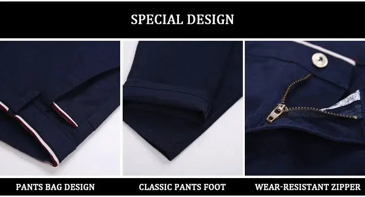 Men's navy cotton office trousers by Simples Market with zip fly and cuffed hems