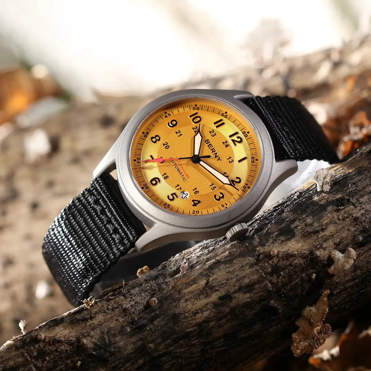 BERNY automatic men's titanium watch with gold dial and black nylon strap