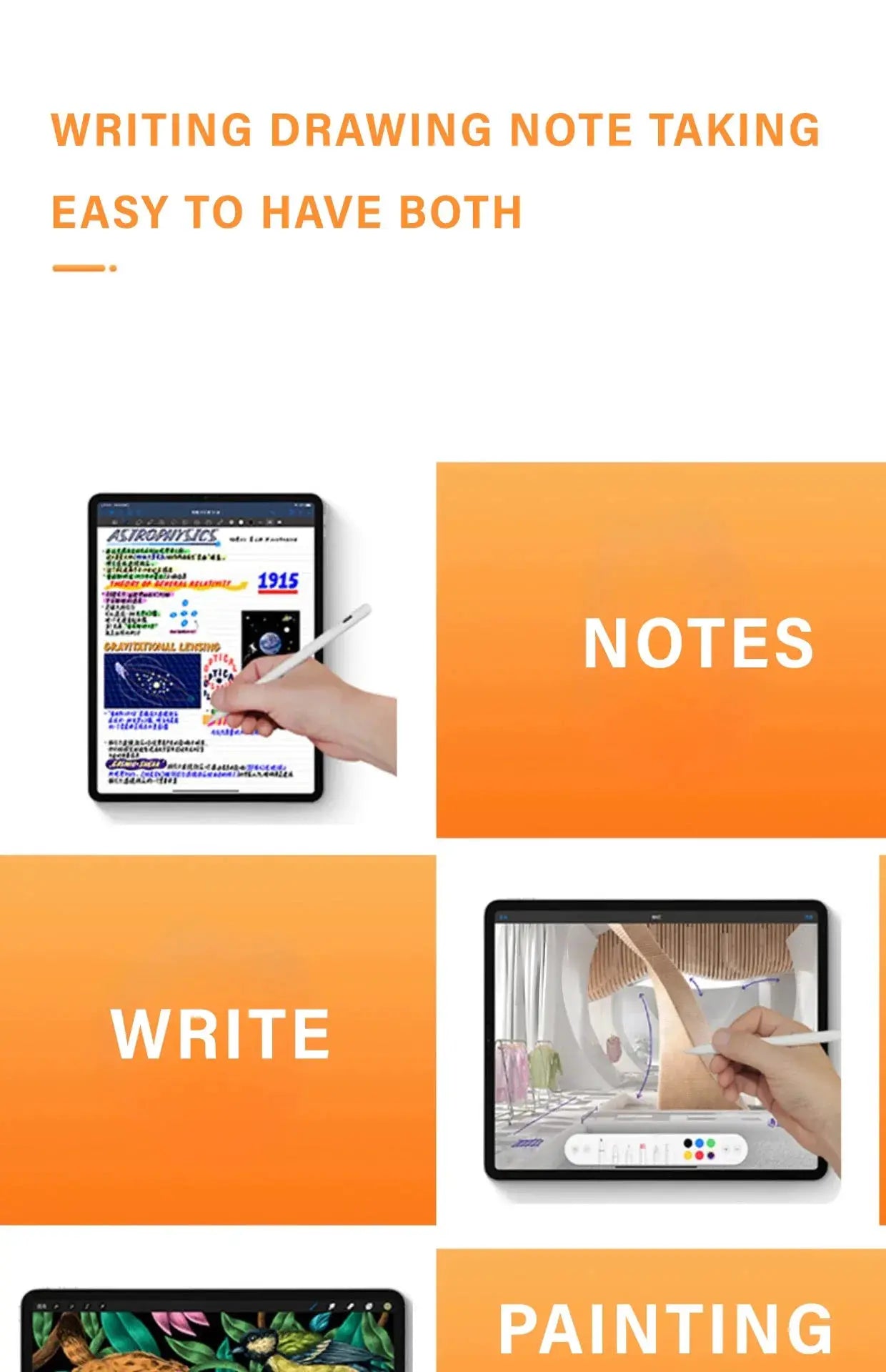 Simples Market universal stylus pen for Android, iOS and Windows; white capacitive touchscreen pen shown with a tablet.