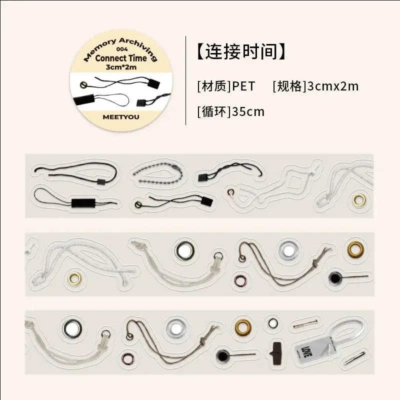 Simples Market decorative adhesive tapes for memory journaling; transparent PET strips with connectors, 3cm x 2m.