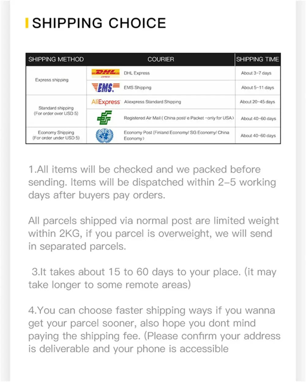 Shipping options page showing a table of couriers and delivery times with packing and dispatch notes.