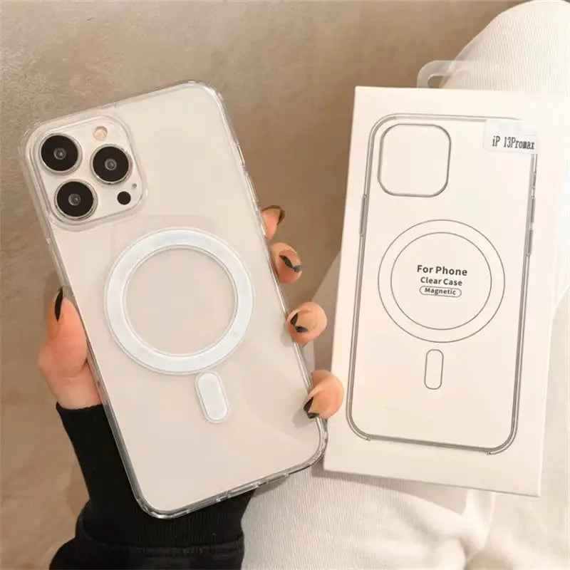 Simples Market clear MagSafe iPhone case with circular magnetic ring, transparent; includes packaging.