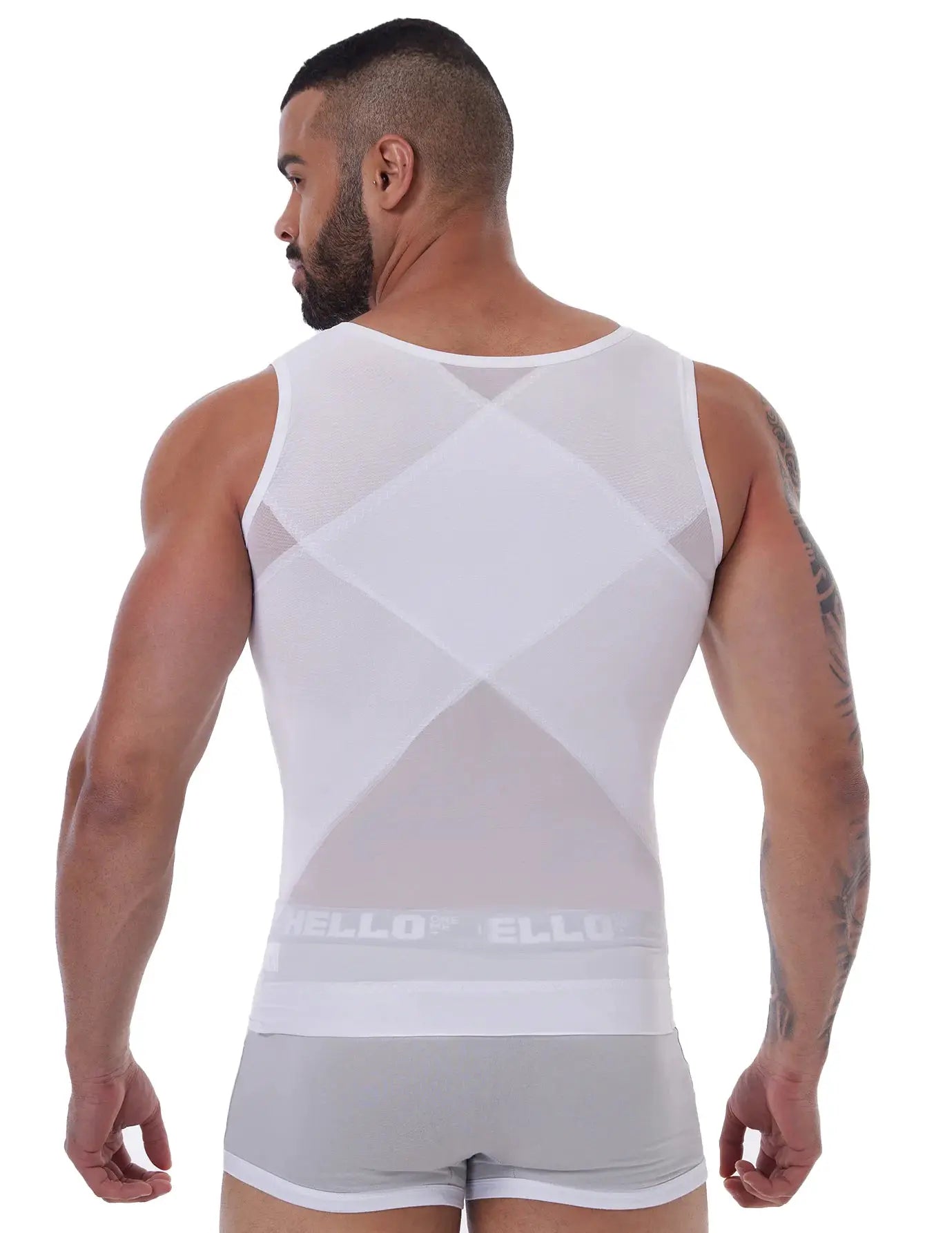 Simples Market men's shapewear tank top, white sleeveless compression undershirt with cross mesh back for tummy control