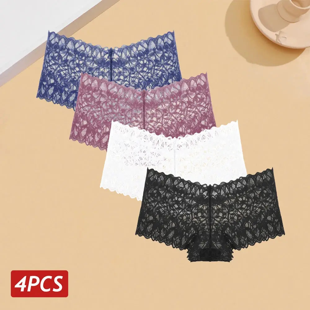 4-pack women's floral lace panties by Simples Market in navy, mauve, white, and black with V-waist