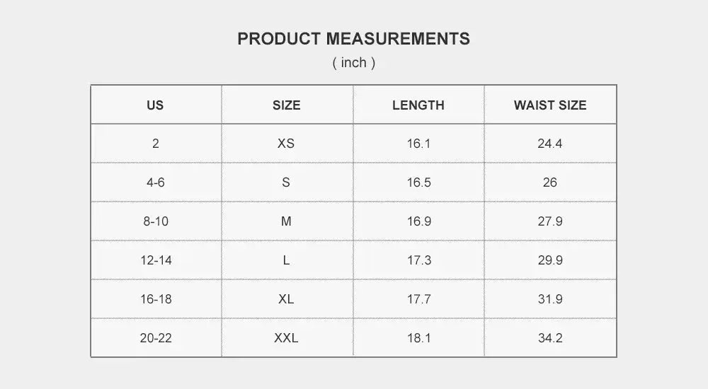 BABYONLINE Elegant Satin Skirt size chart from Simples Market; US XS-XXL, length 16.1–18.1 in, waist 24.4–34.2 in