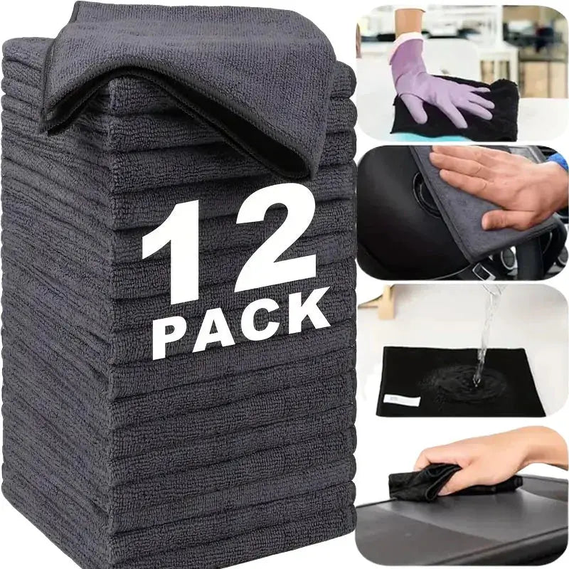 Simples Market 12-pack thick microfiber cleaning cloths, dark gray, reusable lint-free towels for car and home.