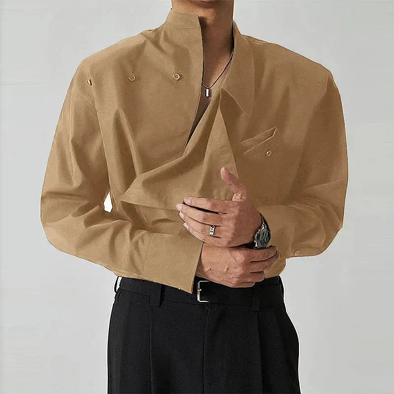Men's beige irregular-design buckle-lapel shirt, long sleeves, loose fit, vintage French style.