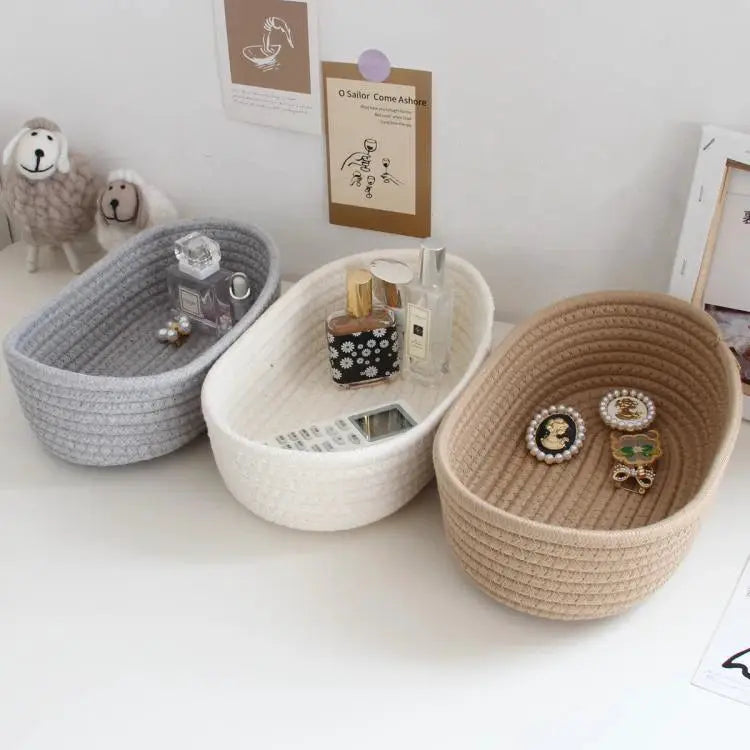 Woven storage baskets set, 3-piece in grey, white and beige; desktop organizer for cosmetics, accessories and small items.