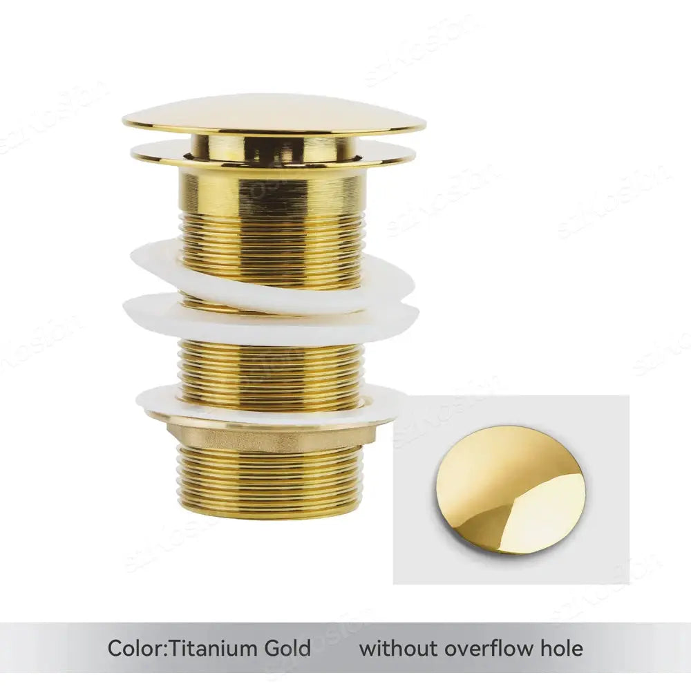 Pop-up gold titanium sink drain button for bathroom basin; brass threaded body with white gaskets, without overflow hole