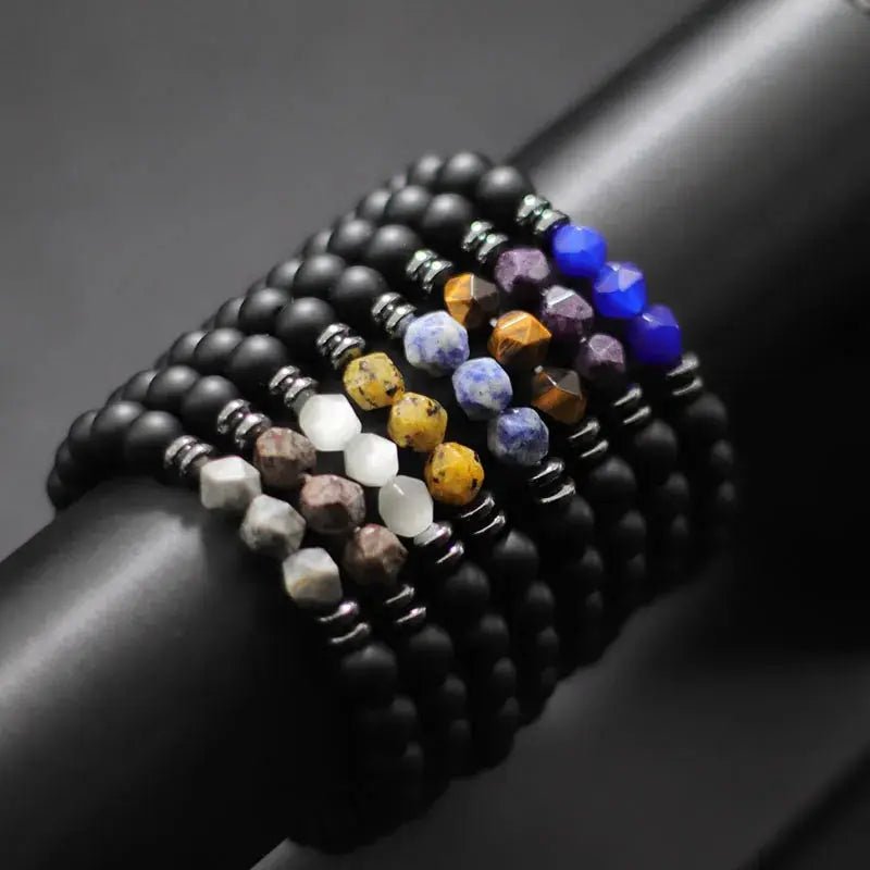 Men's Beaded Stone Bracelet Natural Black Onyx Tiger Eye Sodalite Irregular Beads Unisex Jewelry - Simples Market