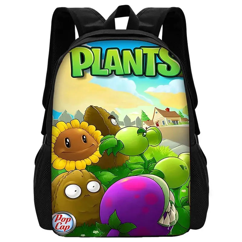 Kids school backpack with Plants vs. Zombies artwork; black sides and colorful front panel, PopCap logo visible.