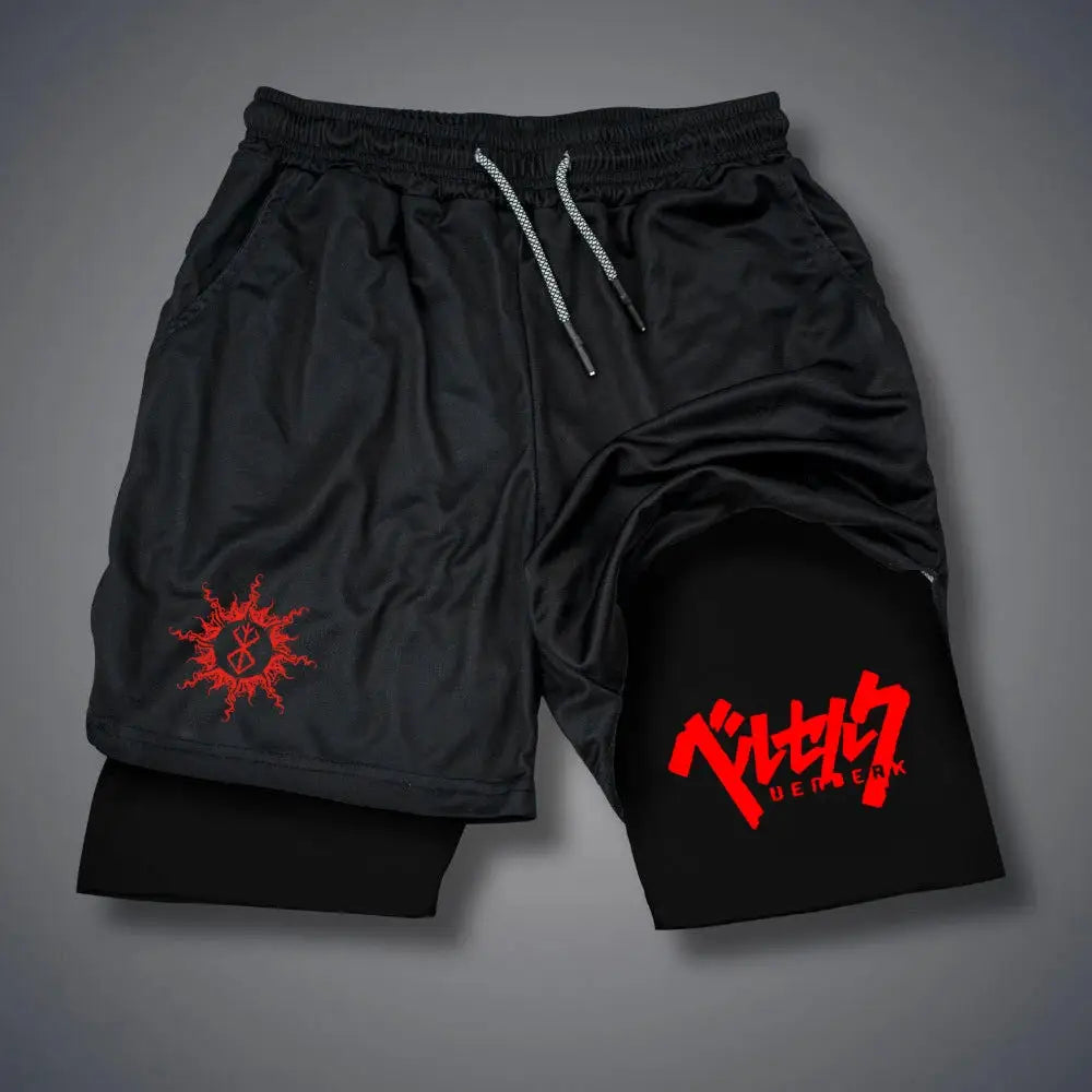 2 in 1 men's compression shorts for gym and running with phone pockets, black with red logo accents