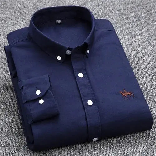 Casual navy pure cotton oxford shirt for men, long sleeves, white buttons, brown horse embroidery on chest