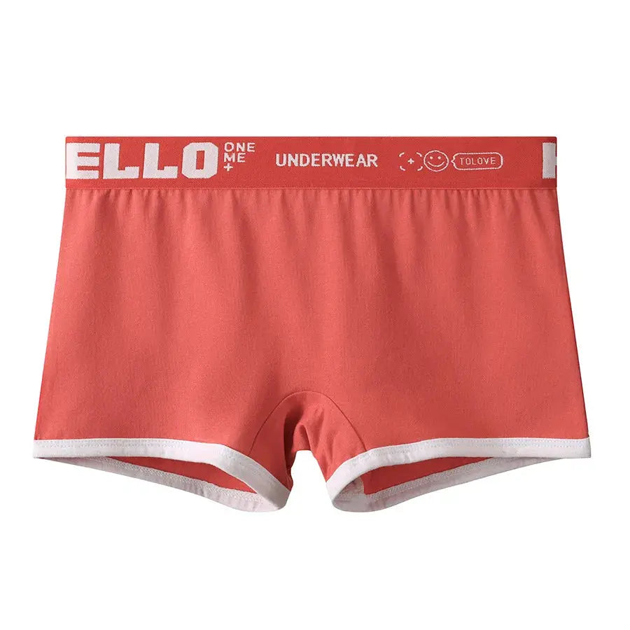 Women’s cotton boyshorts in coral pink with white trim waistband, ELLO logo on waistband