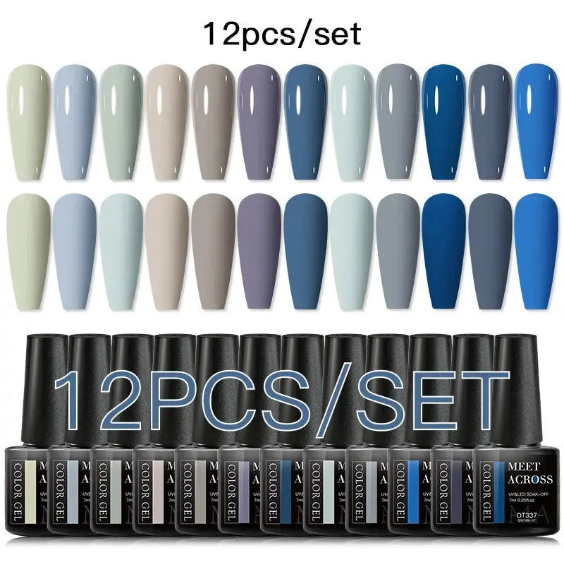 Gel nail polish set, 12 pieces by MEET ACROSS, with pastel blue, green, and neutral shades.