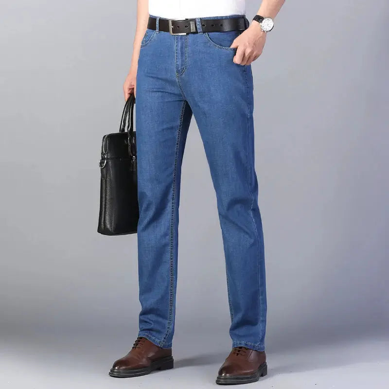 Men's blue elastic denim jeans, straight-leg stretch cotton casual pants
