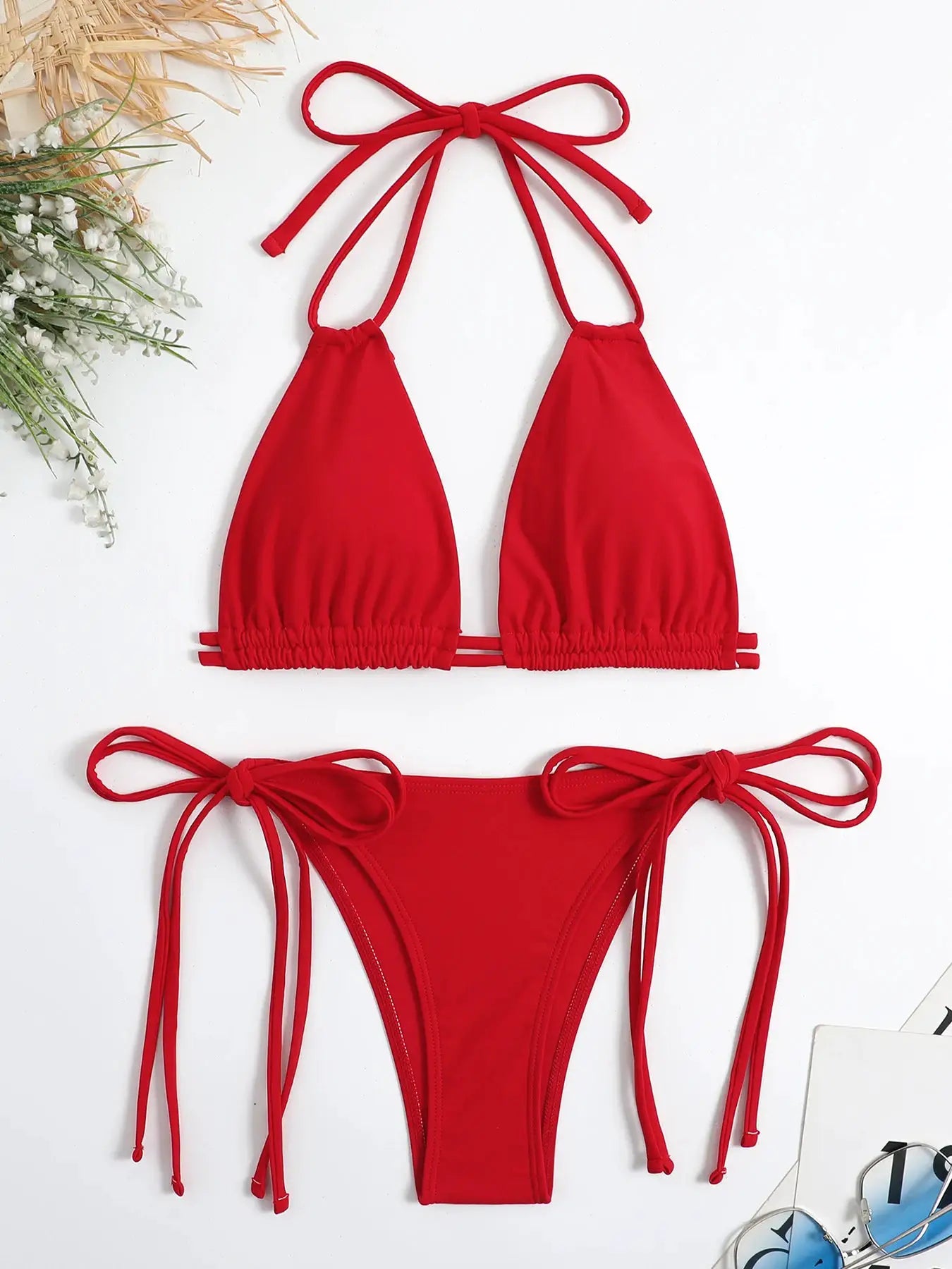 Red solid bandage bikini set by Simples Market with halter top and string-tie bottoms