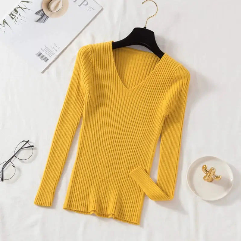 Autumn Winter Womens Knit V Neck Pullover Sweater Casual Long Sleeve Solid Jersey Tops