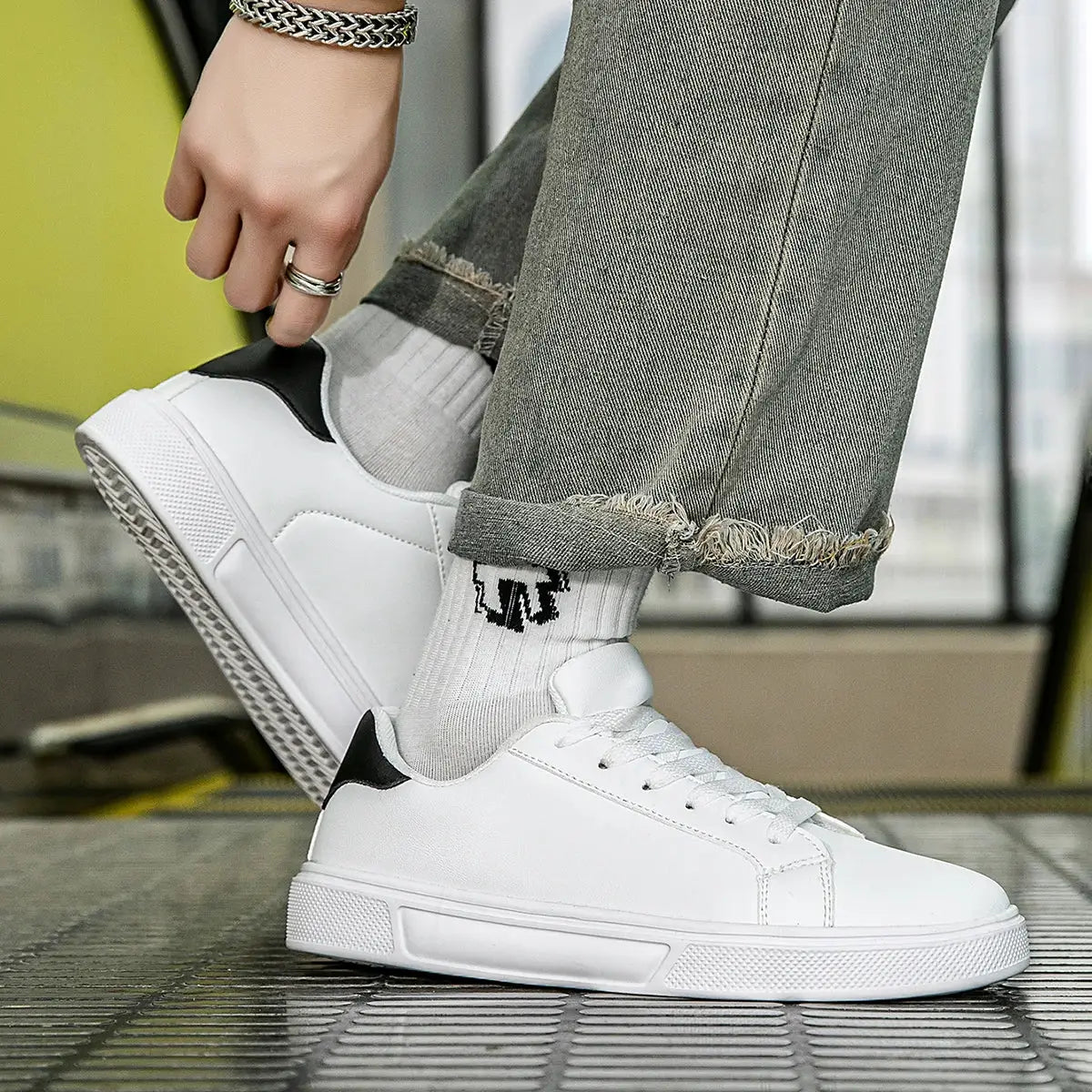 PU leather men's sneakers, white with black heel accent, casual leisure footwear