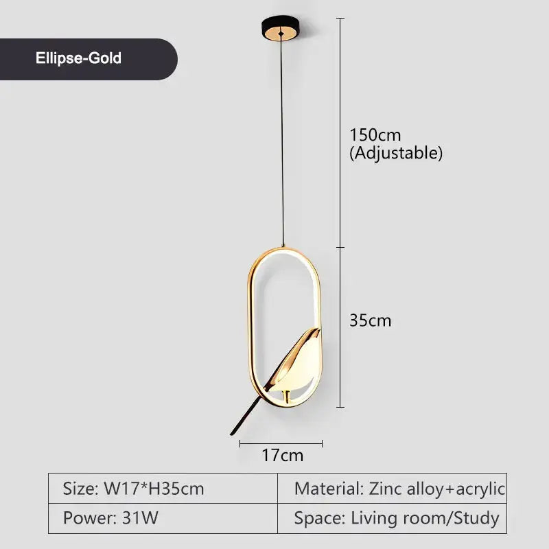 Rotatable magpie bird LED pendant light in ellipse-gold finish, zinc alloy + acrylic, 31W, adjustable 150cm