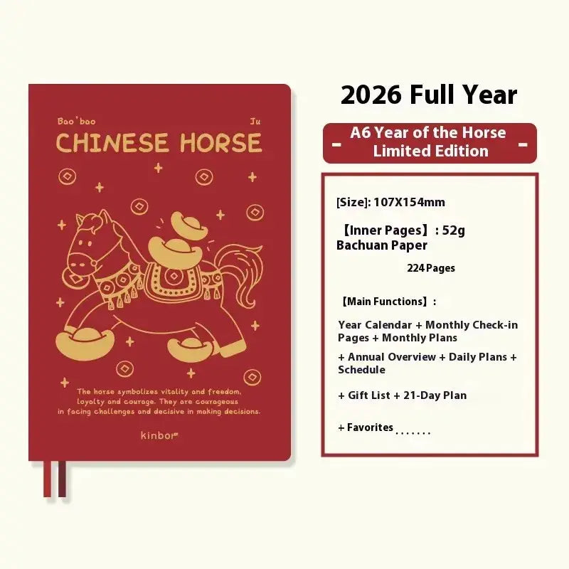 Kinbor Notebook 2026 planner, red cover with gold horse illustration, A6 limited edition for school and office