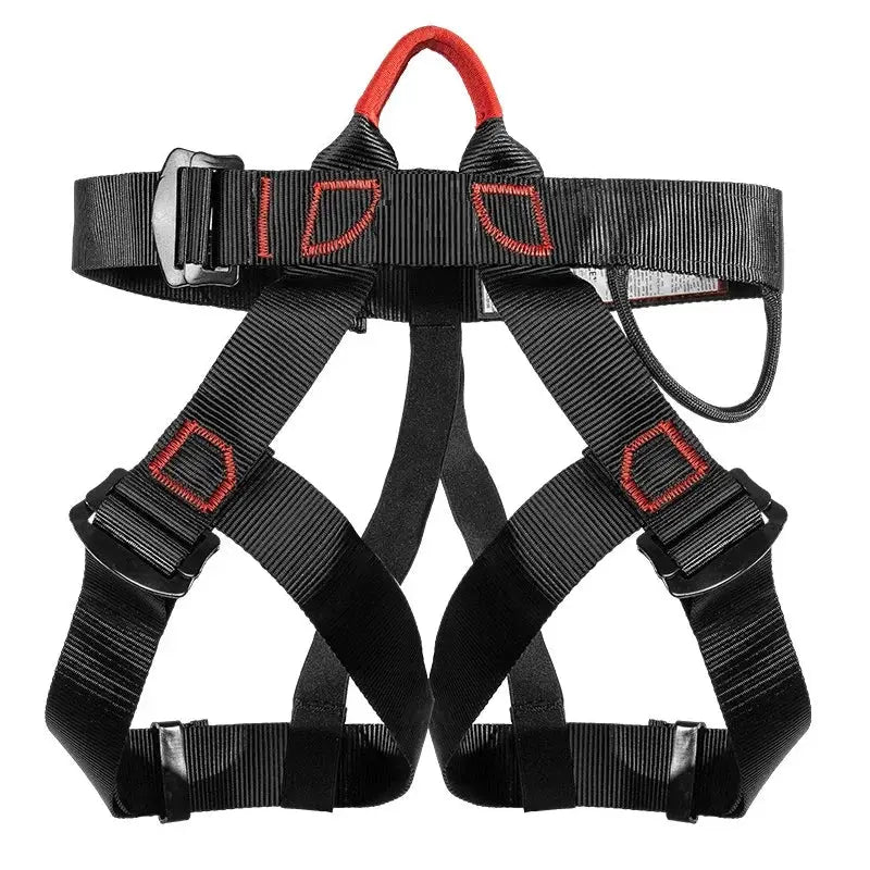 Half-body outdoor climbing harness by Simples Market, black nylon with red stitching and adjustable waist/leg loops