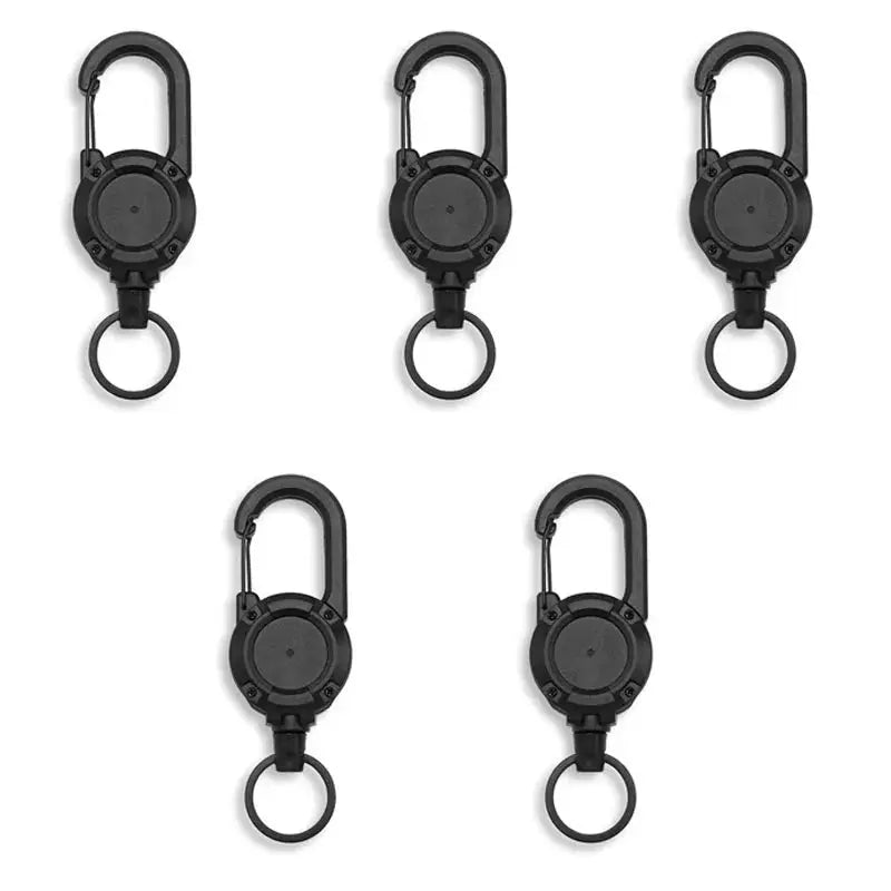 Retractable heavy-duty pull reel carabiner key ring, black; five units shown