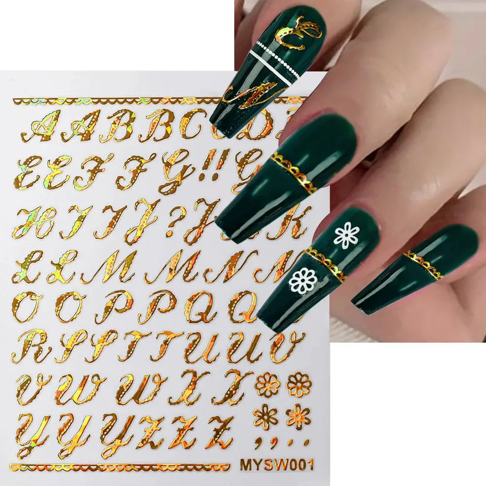 3D Roman Letter Nail Stickers gold metallic alphabet decals, self-adhesive manicure letters by Simples Market
