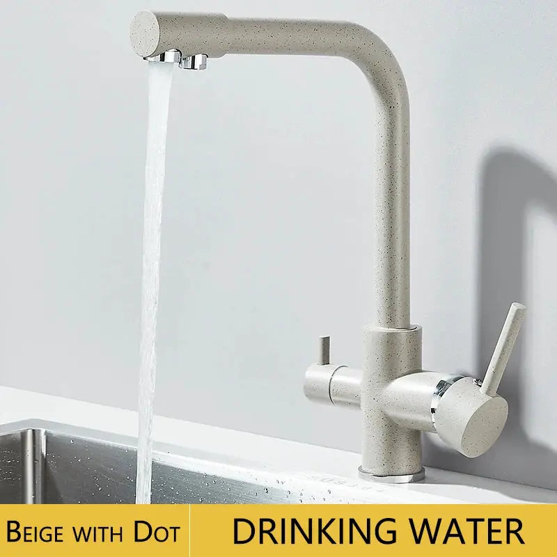 Beige speckled kitchen faucet with dual swivel spout and lever handle, drinking water filter by Simples Market.