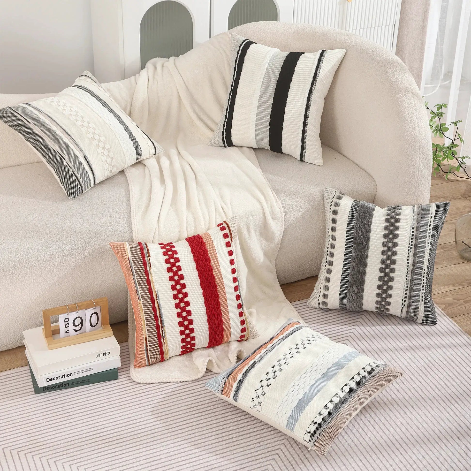Boho striped 18x18 chenille pillow cover in cream with black stripes