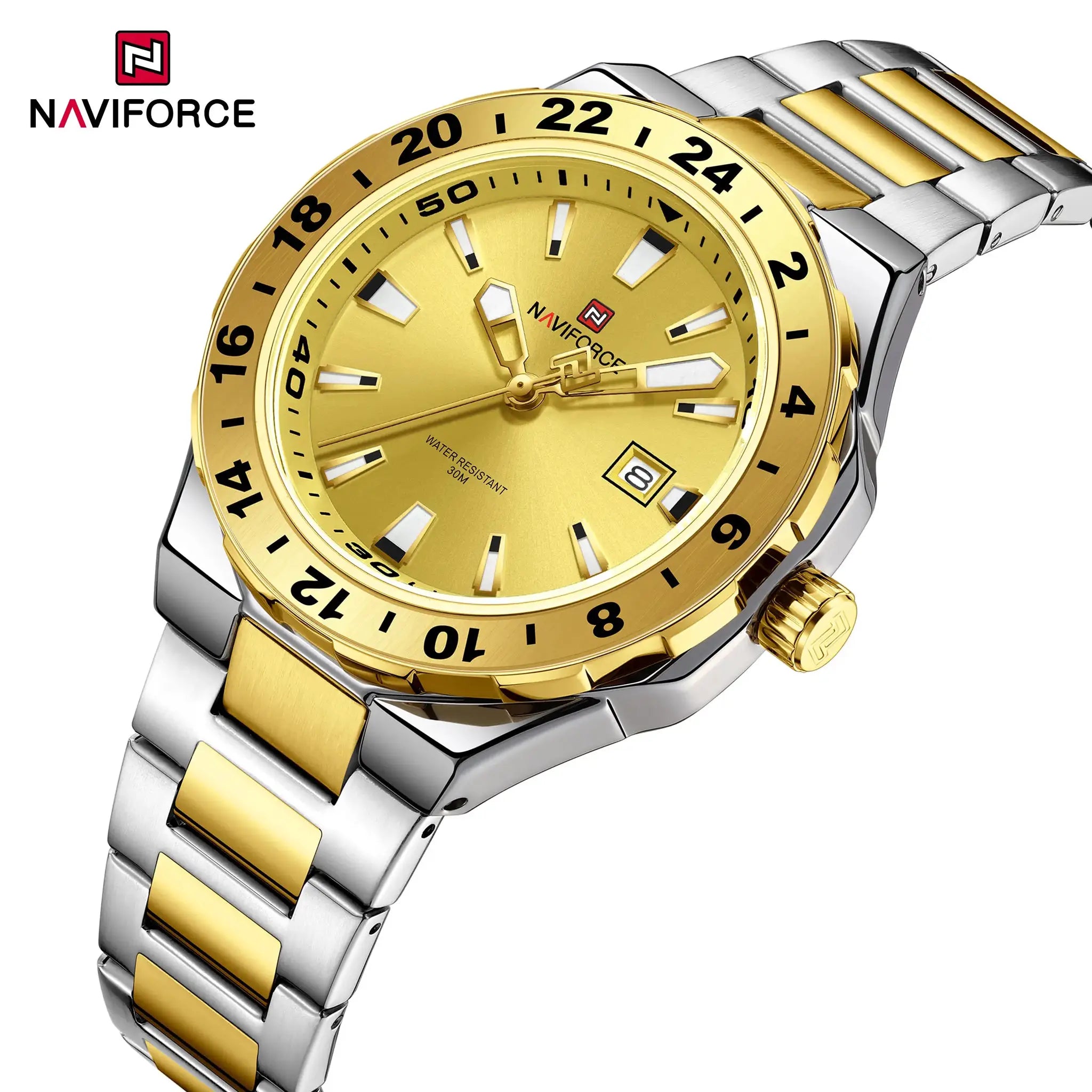 NAVIFORCE luxury sport quartz wristwatch, two-tone gold and silver stainless steel, luminous calendar with date window